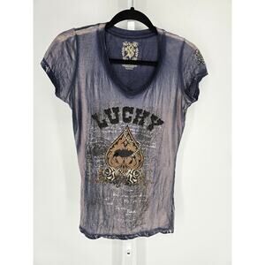 Vintage Y2K Velvet Stone Womens Sz L Short Sleeve Shirt Distressed Rhinestone